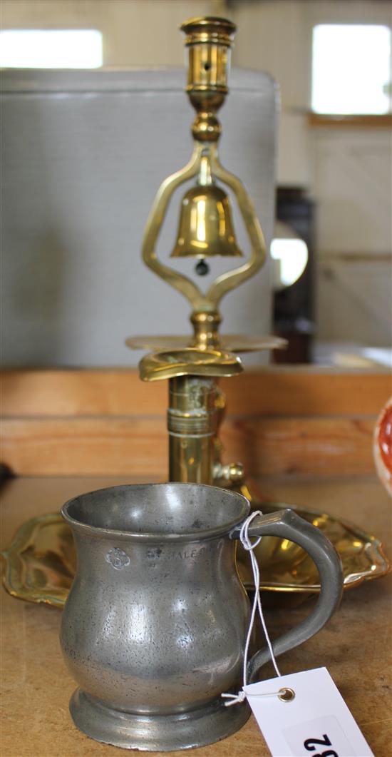 18th century brass shop bell / candlestick and a half pint pewter mug